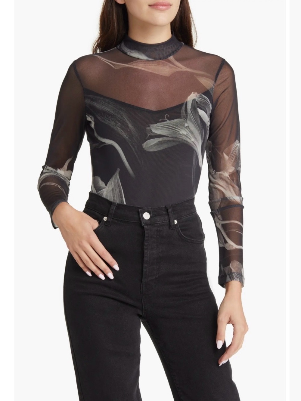 AllSaints Sheer Floral Mock-Neck Long Sleeve Top in Black and Gray